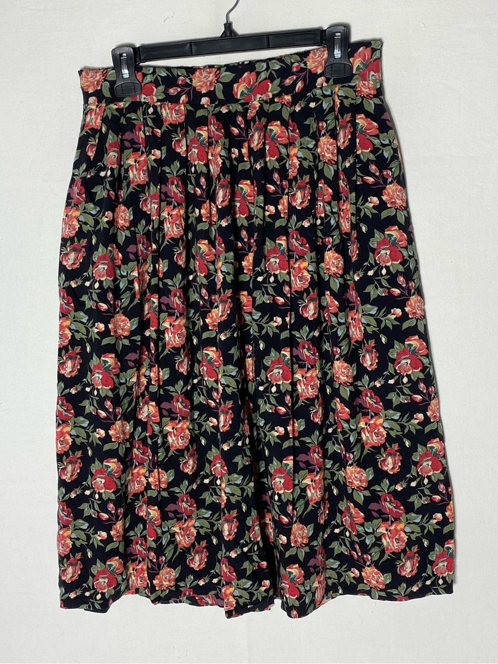 Vintage 90s Functionals Black Pink Floral Pleated Midi Skirt XL Cottagecore Boho
